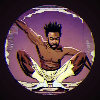 illustration of childish gambino aka donald glover sitting in an awkward position. it is purple in hue